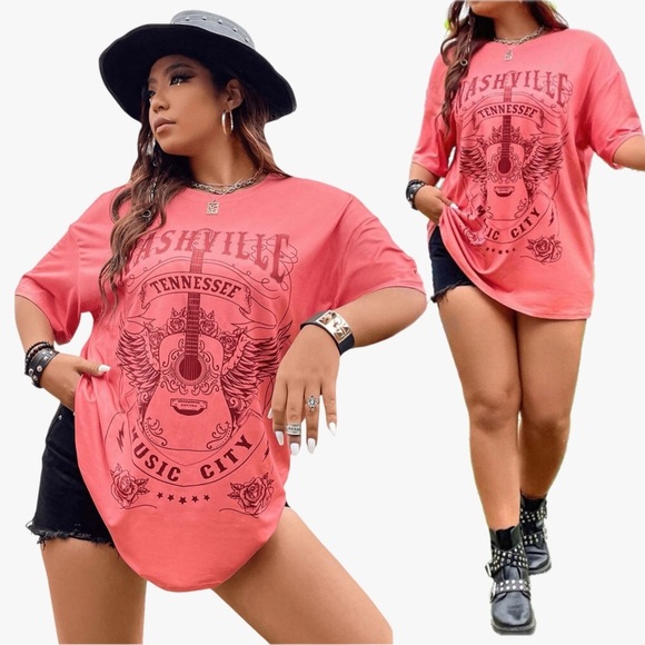 SHEIN Curve Nashville Music City Coral Oversized Tee Women’s Size 2X - Picture 1 of 6
